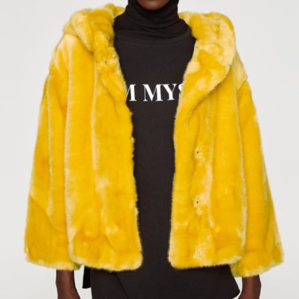 Zara Faux Fur Yellow Hooded Jacket Coat